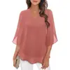 2025 Transfronteiriço Amazon Casual Verão Novo Top Feminino Europeu e Americano com Manga de Pétala Solto Decote V Camisa de Chiffon