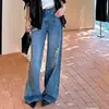 Calça Jeans Wide Leg Rasgada Lavagem Retro para Mulheres Cintura Alta Emagrecedora Caimento Solto Reta Comprimento Total