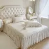 Saia de Cama de Algodão Puro Estilo Coreano Peça Única 2025 Novo Estilo Saia de Cama Cobertura Lençol de Cama Totalmente Algodão com Borda de Saia Cobertura de Cama Antiderrapante Conjunto de Quatro Peças