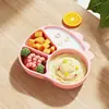 Prato Infantil Dividido de Silicone Desenho Animado Dinossauro Pequeno Tigela com Ventosa Treinamento para Bebê Comer Sozinho Separado Alimentos Complementares Louça