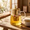 Tetera de vidrio dorada con cuerpo de vidrio transparente de borosilicato alto y filtro de acero inoxidable, adecuada para preparar tés florales en la oficina