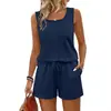 Moda Feminina Transfronteiriça Europeia e Americana 2026 Novo Estilo Elegante Top Sem Mangas com Gola Quadrada e Shorts de Cor Sólida de Cintura Alta Conjunto Casual de Duas Peças