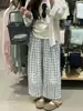 Calça simples estilo japonês para senhoras plus size, novo modelo primavera-verão para mulheres plus size, cintura alta, modelagem que emagrece, perna reta, casual, versátil, calça xadrez