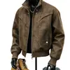 Chaqueta de cuero PU deconstruida con teñido anudado color café, empalmada, para hombre, otoño, corta, con cuello alto, chaqueta de trabajo, corte limpio, ropa de motociclista
