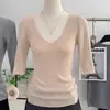 Top de punto fino, elegante, con cuello en V, corte ajustado, de manga media para mujer, camiseta de manga corta primavera/verano, bellamente único, top base para interior