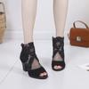 Comércio exterior transfronteiriço malha laço salto alto peep toe salto grosso sandálias femininas Amazon venda quente plus size estilo europeu e americano 35-4