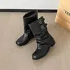 Zapatos paso de una pierna nicho nuevo estilo tacón grueso sensación de bota de pierna de pantalón botas mujer 2026 Diseño occidental pliegues fruncidos otoño invierno