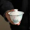 Gaiwan de Cerámica Blanca con Diseño Floral y de Peces Pintado a Mano para Uso en Casa, Juego de Té Kung Fu Hecho a Mano, Taza de Té Gaiwan de Cerámica