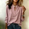 Directo de la fábrica de origen, exclusivamente para ventas transfronterizas: camisa de manga larga para mujer con cuello mao, corte simple y holgado, cuello en V, estilo pullover, estampado de lunares, adecuada para el trabajo y el uso diario