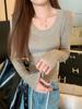 Foto Real Otoño/Invierno 2024 Nuevo Estilo Coreano Ajustado Cuello en U Elegante Ajustado 6 Lana Camiseta Tejida Manga Larga Top Base