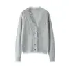 Suéter de Cashmere Puro Fino com Gola Estilo Francês e Acabamento em Renda Cardigan de Tricô Vazado Feminino Peça de Roupa Externa Elegante
