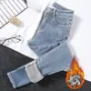 Jeans Espesso com Forro de Lã Feminino 2025 Novo Elástico Versão Coreana Calça Lápis Quente de Inverno Slim Fit para Mulheres