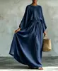 Vestido casual de algodón y lino con cinturón, estilo nuevo transfronterizo europeo y americano 2026, vestido de vacaciones de manga ancha, corte holgado, largo hasta el suelo