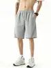 Shorts cinza desconstruído patchwork para homens, estilo americano de verão, peso pesado, cintura elástica com cordão, esportivo, perna reta, casual, comprimento médio
