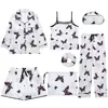 Conjunto Delgado Tipo Seda de 7 Piezas para Todas las Estaciones, Cárdigan para Mujer, Estilo Camisola Delgado de Seda de Hielo, Ropa de Casa Estilo Cereza y Fresa