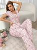 Pijama Transfronteiriça Amazon Europeia e Americana de Manga Curta com Decote em V Estampa Floral Pequena Calça Cenoura com Babado Roupa de Casa Conjunto Mulher