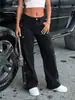 S025 Nova Moda Feminina de Primavera Calça Jeans Preta com Strass Lateral, Modelagem Solta, Emagrecedora, Perna Reta Perna Larga Calça Longa