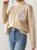 Suéter Pulóver de Punto para Mujer, Color Sólido, Cuello Medio Alto, con Bolsillos Huecos de Lentejuelas y Diseño de Retazos, Nuevo para Otoño e Invierno, Europeo y Americano, Transfronterizo