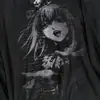 Camiseta básica de manga comprida com aspecto desgastado, estilo retrô americano, com estampa de garota de anime 2D, camiseta preta de corte solto, top estilo punk
