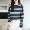 Suéter de Tricô Redondo de Lã Fina Outono/Inverno 2026 Manga Longa Feminino Blusa Base Solta Listrada Color Block