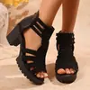 Sandalias de Mujer con Tacón Grueso, Nuevo Estilo 2026, Estilo Romano, con Pedrería, Punta Abierta (Peep-Toe), Tacón Medio, Suela Suave, Punta Abierta, para Mujeres de Mediana Edad
