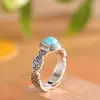 Anel Quadrado de Turquesa Inlaid em Prata S925 Vintage Personalidade Moda Versátil Nicho Anel Ajustável