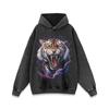 Abrigo retro estilo americano con estampado de tigre para hombre y mujer, sudadera con capucha casual desgastada lavada para la calle hiphop