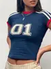Nuevo Top Azul de Verano/Primavera Europeo y Americano, Delgado, Ajustado, Estampado de Letras, Y2K, Camiseta de Verano para Mujer con Ombligo al Aire, Sexy Transfronterizo