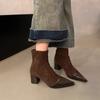 Botas Finas Elásticas de Couro Macio Estilo Francês para Afinar o Tornozelo Femininas, Botas de Salto Alto Peep-Toe com Salto Grosso Bico Fino Patchwork Inspiradas em Chanel para Mulheres