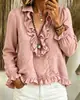 Amazon transfronterizo verano nuevo moda europea y americana cuello en V volantes manga larga top, camisa estilo vacacional para mujer