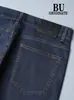 Jeans azul escuro leve de verão para homens, corte slim, corte reto, respirável, simples, macio, elástico, calça comprida lavada para homens