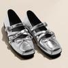 Versão em Couro Macio ~ Aumento de Altura de 5 cm Bico Quadrado Fivela de Cinto com Laço Sapatos Mary Jane Prateados Sola Macia Sapatilhas para Mulheres