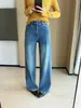 Emagrecimento visual~~Estica em quatro direções, naturalmente retrô, desgastado, design com fenda na linha do meio, jeans de perna reta estreita para mulheres, outono