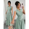 Amazon 2026 Verano Nuevo Estilo Cuello Camisero Diseño Ceñido a la Cintura Color Sólido Texturizado Vestido Largo de Corte A