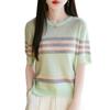 Suéter de cuello redondo de lana peinada de estilo nuevo de verano 2025, camiseta de manga corta para mujer, jersey de rayas coloridas, camisa básica