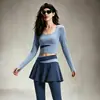 Conjunto de Pilates Estilo Primavera y Otoño para Mujer, Bloque de Color Cuello en U con Almohadillas en el Pecho, Mangas Largas, Falso Dos Piezas, Pantalones Falda Plisados, Ropa Deportiva Adelgazante