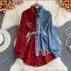 Vestido Chemise de Retalhos em Jeans Europeu e Americano, Novo Estilo Primavera e Outono, Cintura Marcada, Emagrecedor, Comprimento Médio Irregular