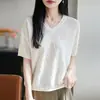 [Directo del Fabricante] Camiseta de Manga Corta con Cuello en V de Lyocell con Patrón de Diamantes Color Sólido de Verano Versátil Tejido Estilo Coreano Top para Mujer
