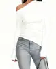Camiseta Feminina de Manga Comprida Slim-Fit com Decote Inclinado, Camiseta Feminina em Seda de Leite, Estilo Sexy Ombro a Ombro