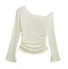 26117-26 Otoño Estilo Coreano Ajuste Delgado Cuello Asimétrico Temperamento Mangas de Campana Divididas Hombros Descubiertos Manga Larga Jersey Camiseta Superior