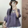 Blusa de punto para mujer de algodón y lino bordada, nuevo estilo de verano, holgada y favorecedora, manga tres cuartos, blusa artística vintage, morado