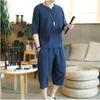 Conjunto de Calça Capri Meia-manga Lisa Masculino Novo Verão 2025 Estilo Chinês Algodão e Linho Moda Casual Conjunto de Duas Peças