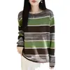 Suéter de punto para mujer, cuello redondo, bloques de color, rayas anchas, diseño calado, manga larga, estilo pullover, verde y marrón retro, top holgado y casual