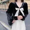 Elegante Vestido de Veludo com Laço Super Fada Outono e Inverno 2024 Costura Renda Decote V Manga Longa Emagrecedor Saia Longa