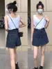 Saia Jeans de Cintura Alta em Formato de Pera de Tamanho Grande para Mulheres, Verão, à Prova de Luz, Emagrecedora, Pequena Saia-Shorts de Corte A