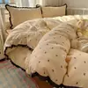 Conjunto de Roupa de Cama de Quatro Peças Estilo Renda Francesa 100% Algodão Classe A Estilo Coreano Capa de Edredom de Algodão Puro Lençol de Cima Lençol com Elástico Dormitório Três Peças