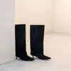 Botas de tacón de plataforma plisadas de alto valor, pierna ancha, nuevas, punta fina, hasta la rodilla, no por encima de la rodilla, ajuste ceñido, circunferencia grande, botas largas