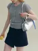 Top de Punto con Cuello Solapa de Manga Corta en Dos Colores, Corte Ajustado, Estilo Sencillo, Cárdigan de Verano para Mujer Petite