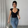 2026 Verão Europeu e Americano Sexy Hot Girl Estilo Decote Coração Ajuste Slim Curta Cor Sólida Poliéster Camiseta para Mulheres Pulôver Manga Curta