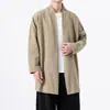 Cárdigan de otoño estilo chino modificado Hanfu con cuello alto, talla grande, holgado, de longitud media, algodón y lino, abrigo casual simple